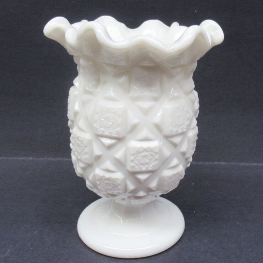 Westmoreland Milk Glass OLD QUILT 6 1/2 Inch Ruffled Top Celery Vase